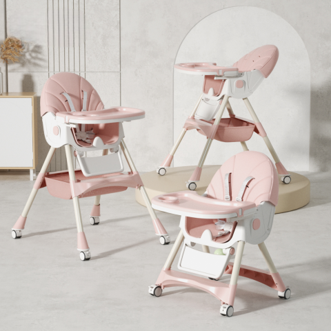 Стільчик для годування Kidoro One (ST-6540) Pink, з екошкіри на колесах