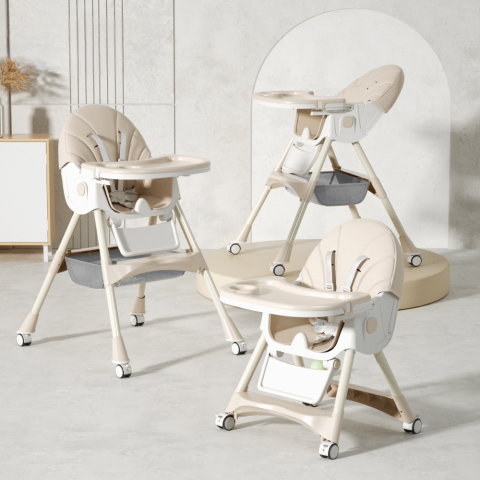 Стільчик для годування Kidoro One (ST-6540) Beige, з екошкіри на колесах